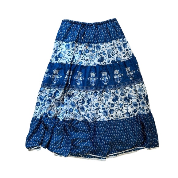 Lauren by Ralph Lauren Blue White Floral Tiered Lined Maxi Skirt Medium - Picture 1 of 7